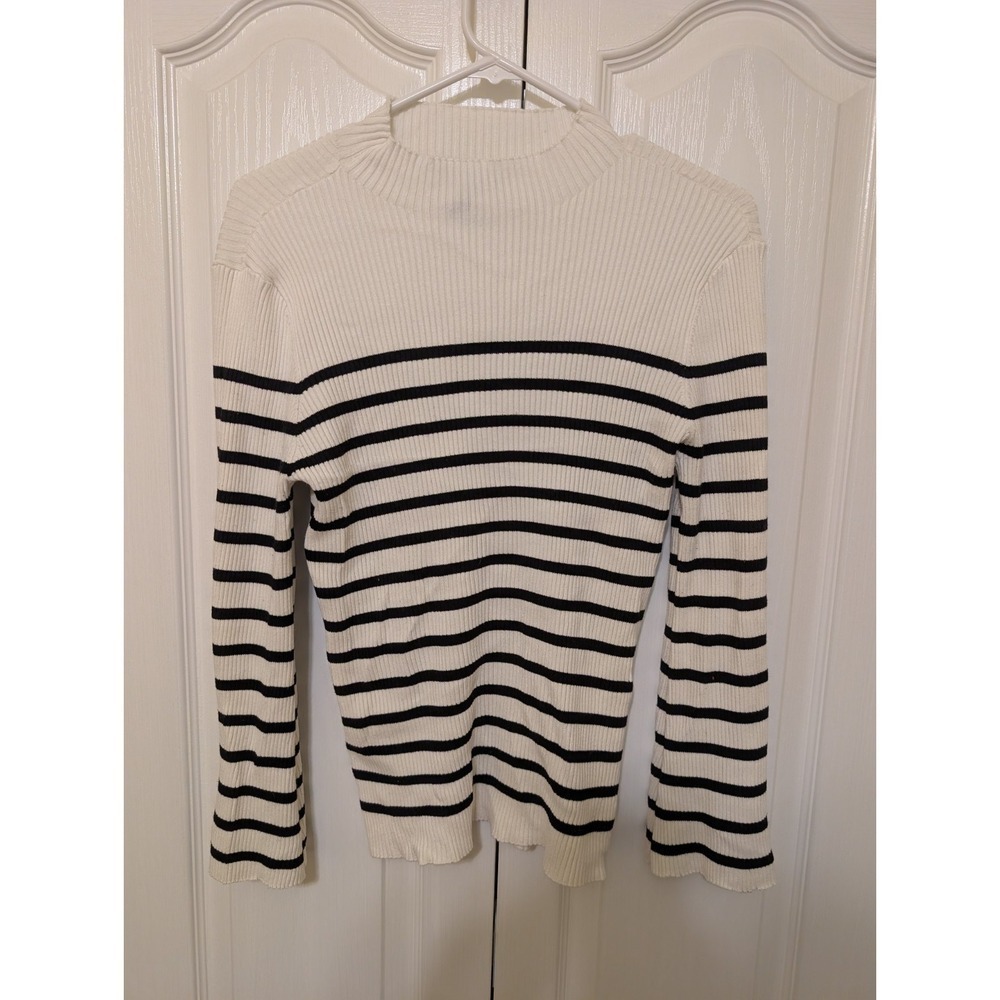 Ellen Tracy Sweater Womens L White Striped Flared Sleeve Ribbed Y2K